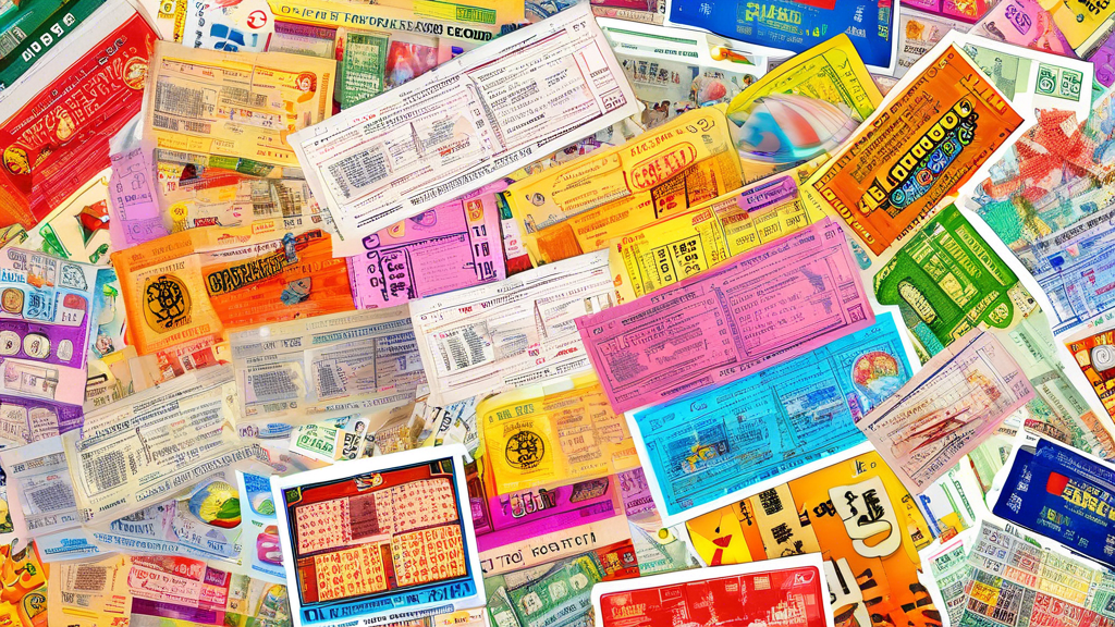 A colorful collage of lottery tickets from around the world, with different types of games highlighted, such as scratch-offs, instant win, and lottery game