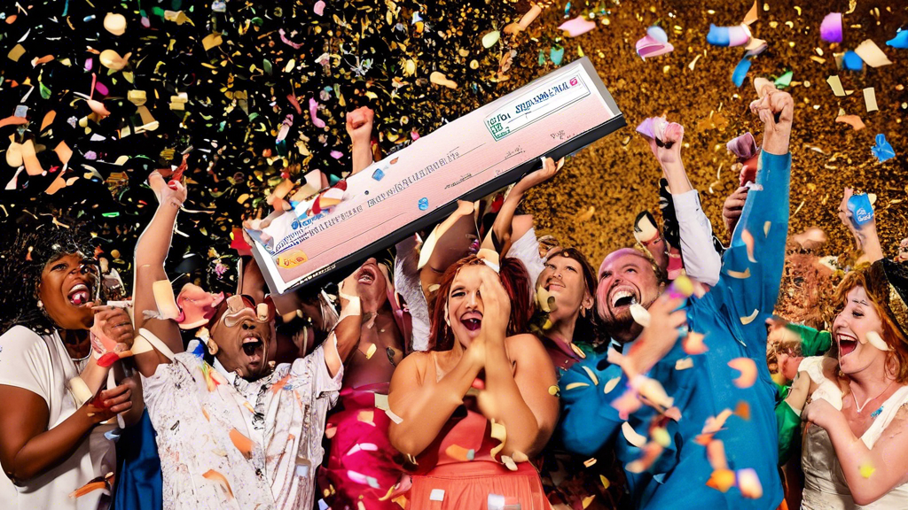 A group of people celebrating with a giant lottery check, confetti is falling from the sky.