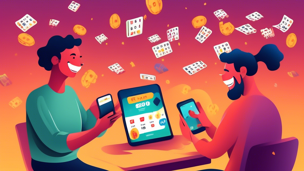 An illustration of people playing online lottery on their devices, with excitement and anticipation.