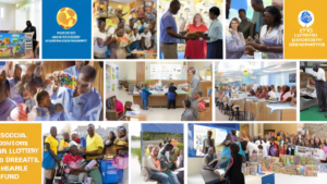 A montage of images depicting the social responsibility aspects of lottery: people using lottery proceeds to fund education, healthcare, environmental init